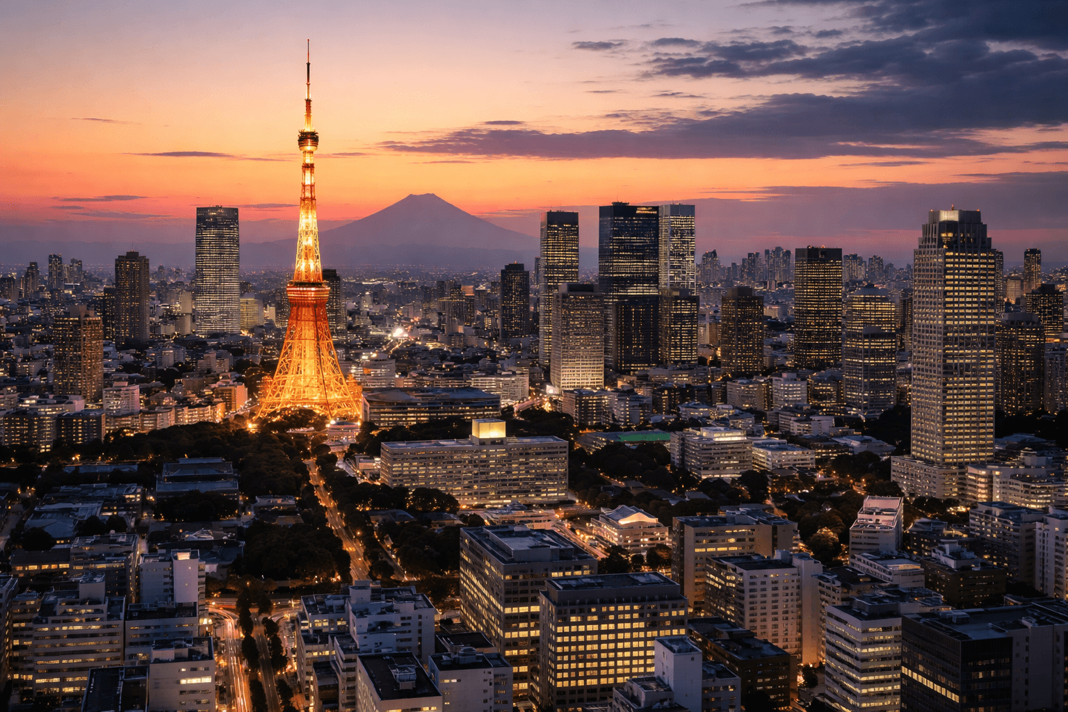 Tokyo skyline with modern buildings and city lights